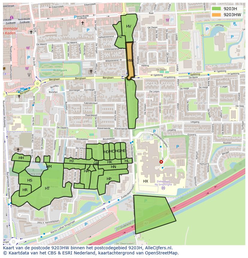 Afbeelding van het postcodegebied 9203 HW op de kaart.