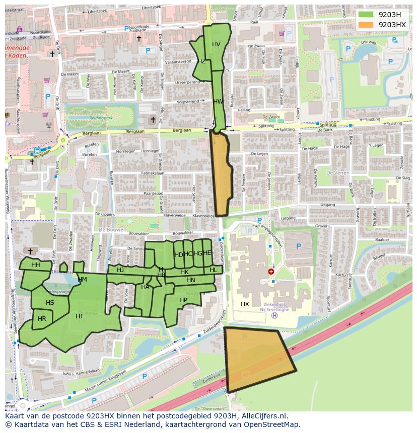 Afbeelding van het postcodegebied 9203 HX op de kaart.