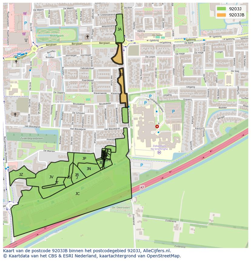 Afbeelding van het postcodegebied 9203 JB op de kaart.