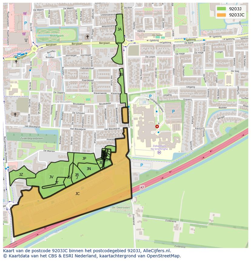 Afbeelding van het postcodegebied 9203 JC op de kaart.