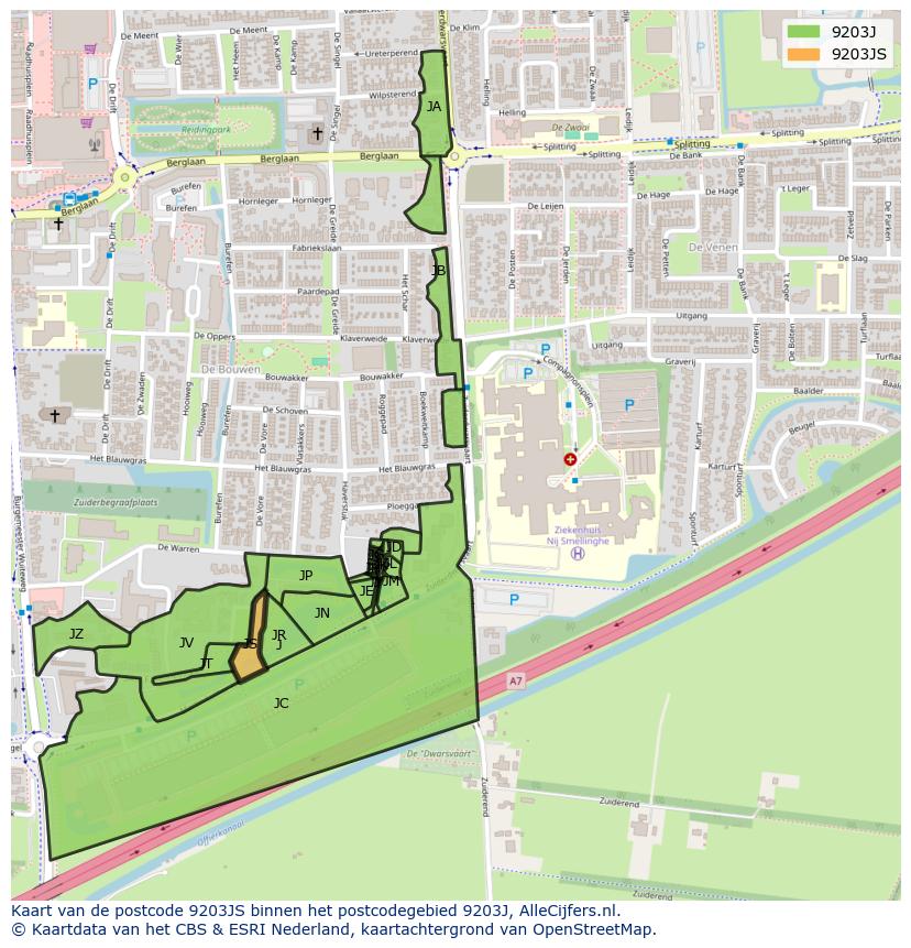 Afbeelding van het postcodegebied 9203 JS op de kaart.