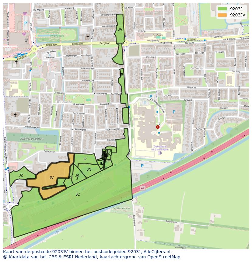 Afbeelding van het postcodegebied 9203 JV op de kaart.