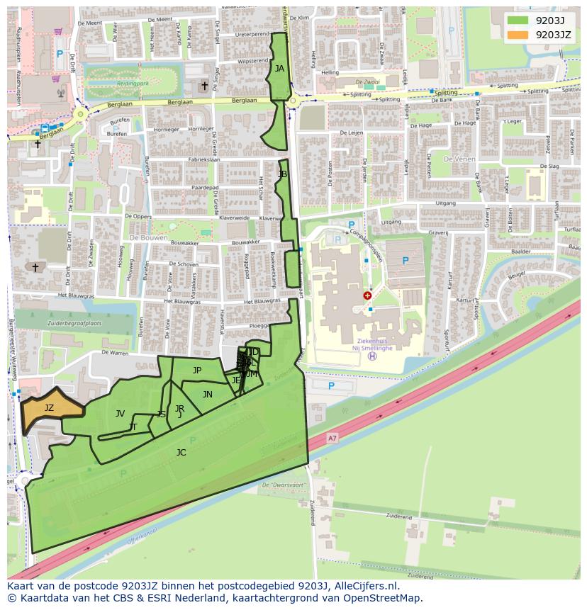 Afbeelding van het postcodegebied 9203 JZ op de kaart.