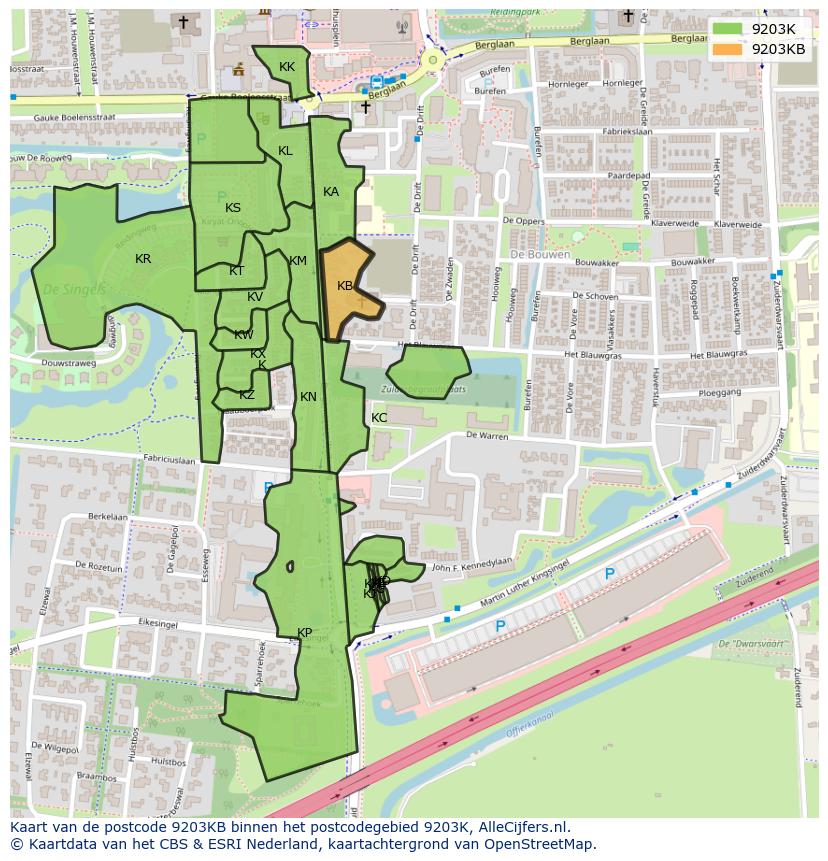 Afbeelding van het postcodegebied 9203 KB op de kaart.