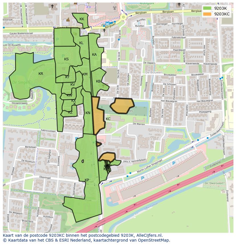 Afbeelding van het postcodegebied 9203 KC op de kaart.
