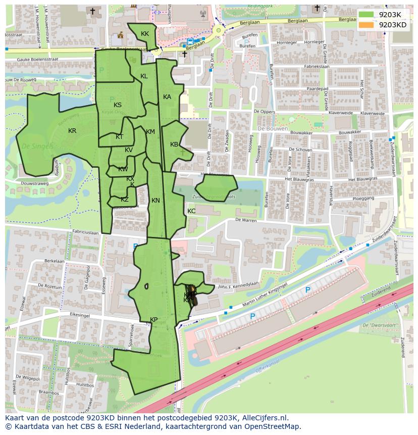 Afbeelding van het postcodegebied 9203 KD op de kaart.