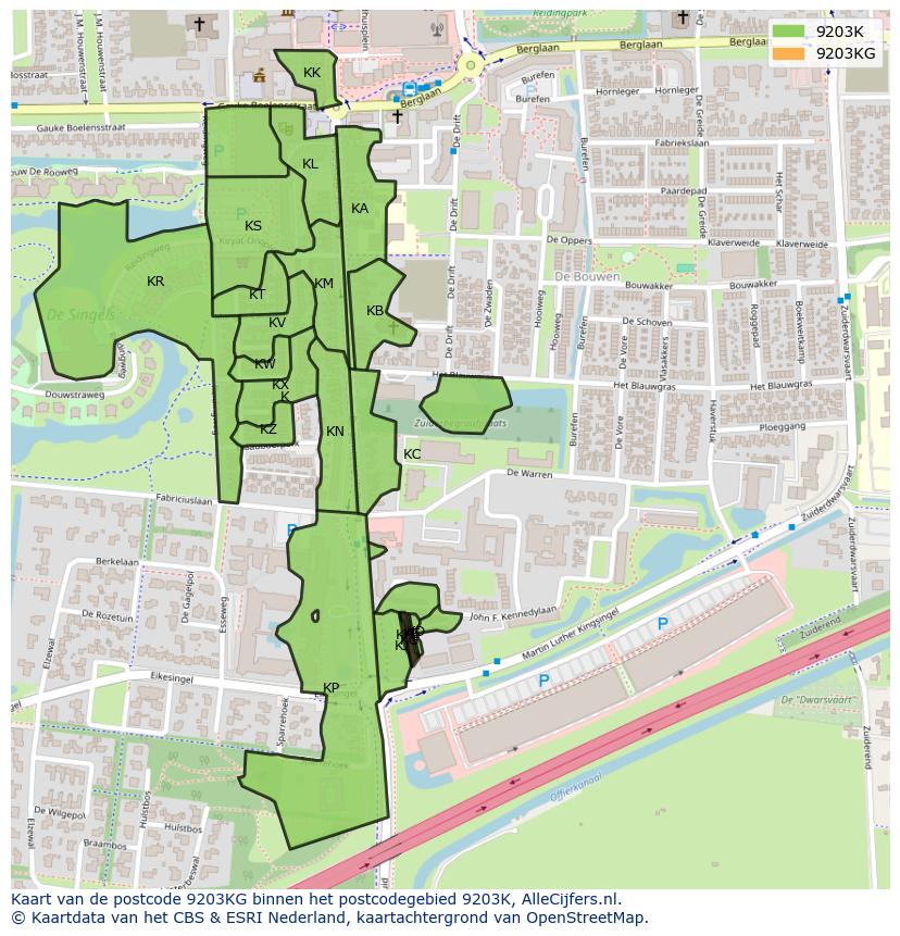 Afbeelding van het postcodegebied 9203 KG op de kaart.
