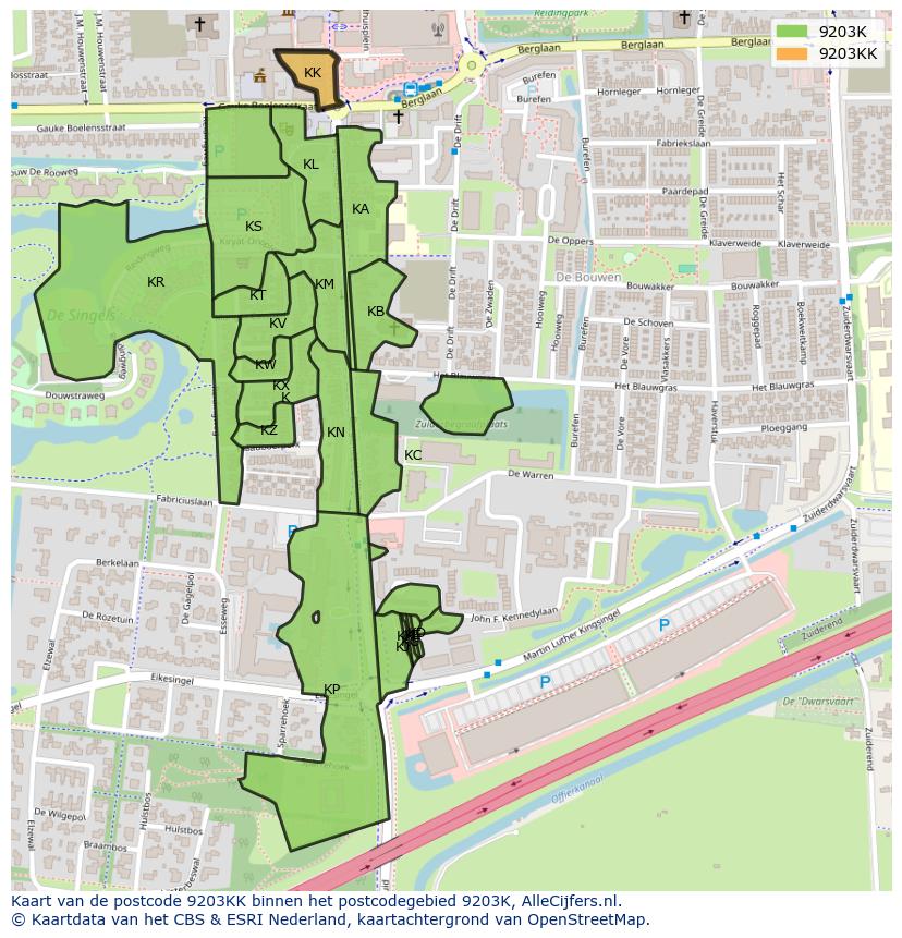 Afbeelding van het postcodegebied 9203 KK op de kaart.