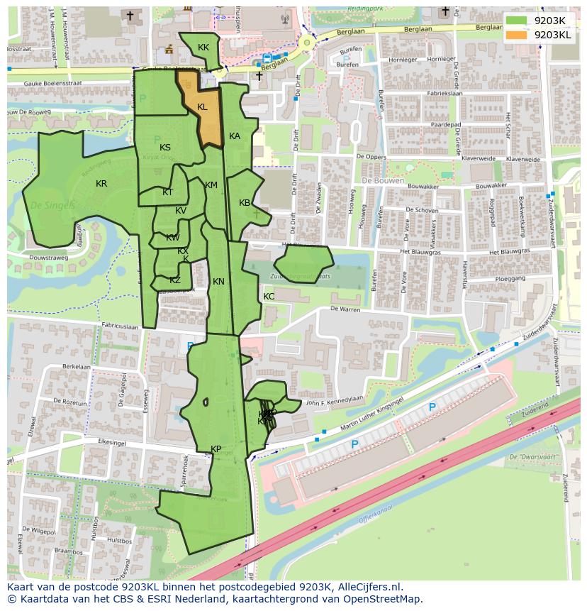 Afbeelding van het postcodegebied 9203 KL op de kaart.