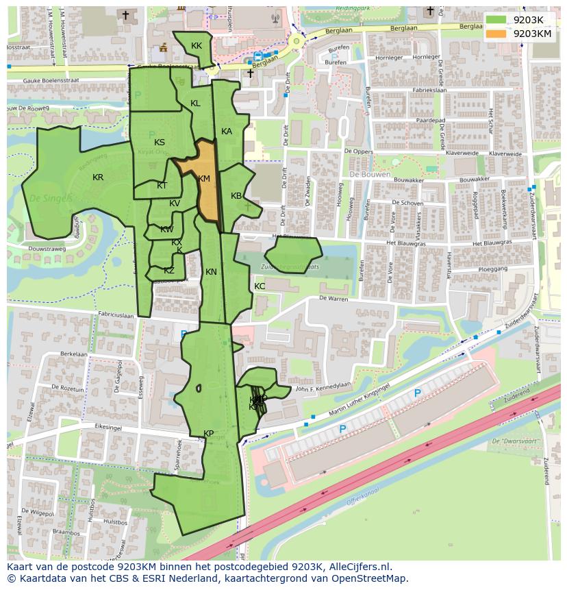 Afbeelding van het postcodegebied 9203 KM op de kaart.