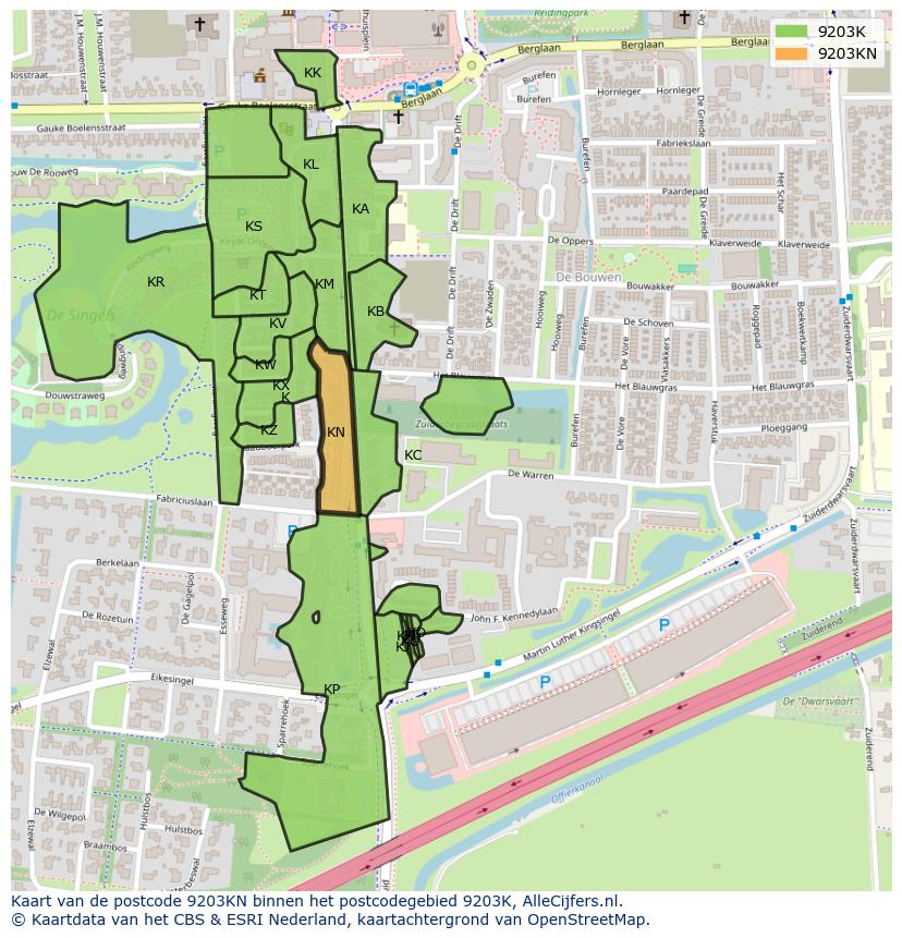Afbeelding van het postcodegebied 9203 KN op de kaart.