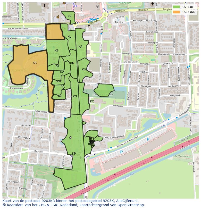 Afbeelding van het postcodegebied 9203 KR op de kaart.