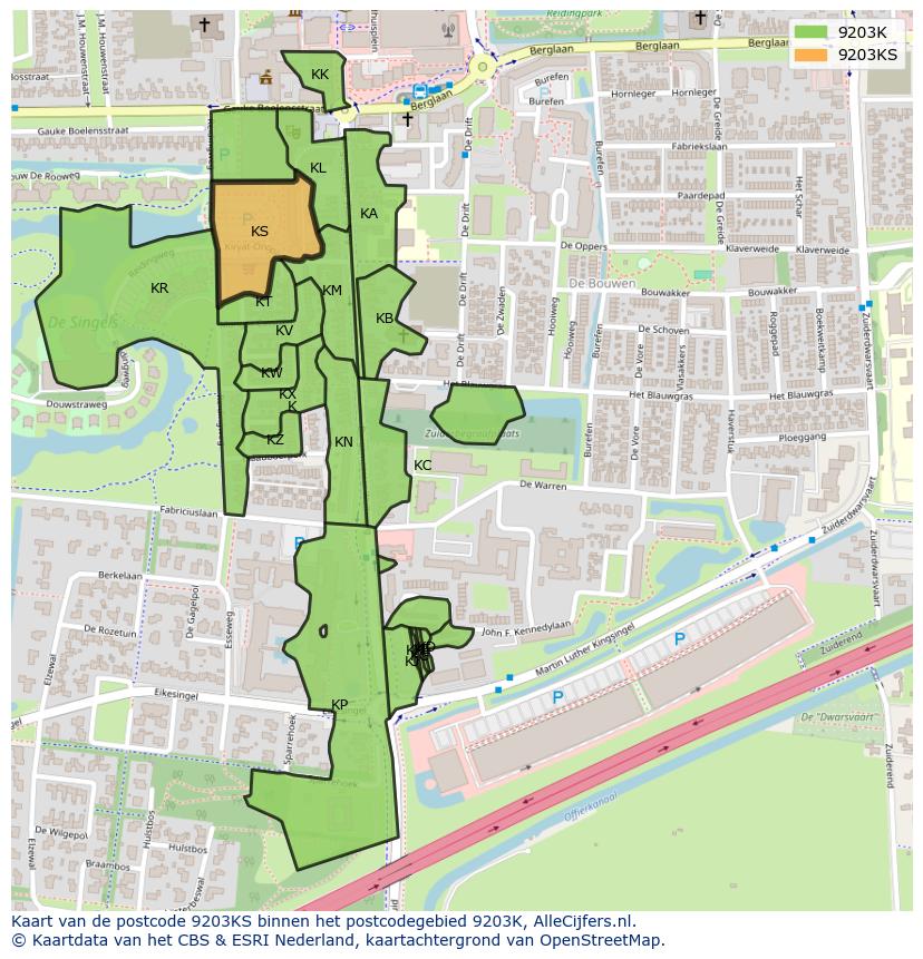 Afbeelding van het postcodegebied 9203 KS op de kaart.