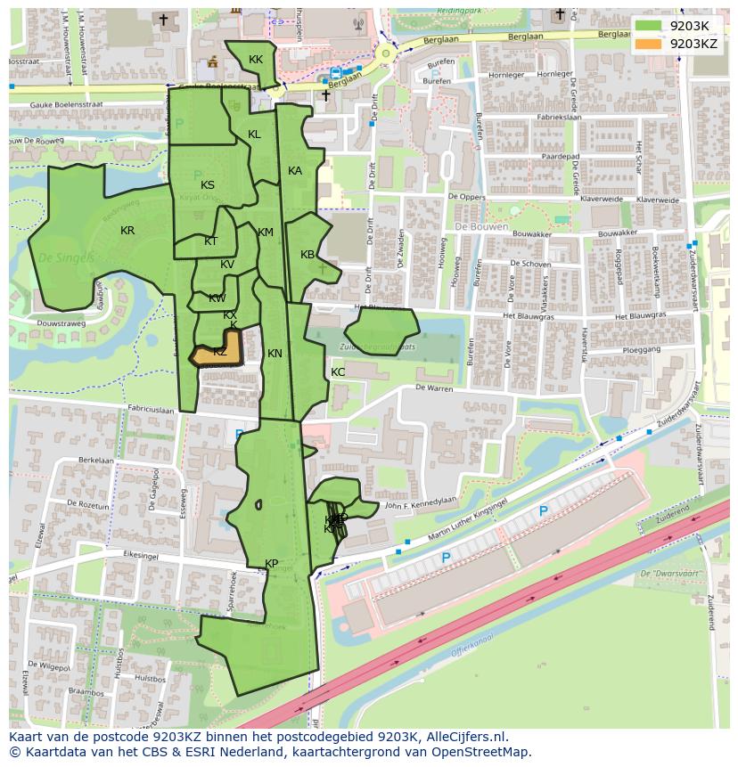 Afbeelding van het postcodegebied 9203 KZ op de kaart.