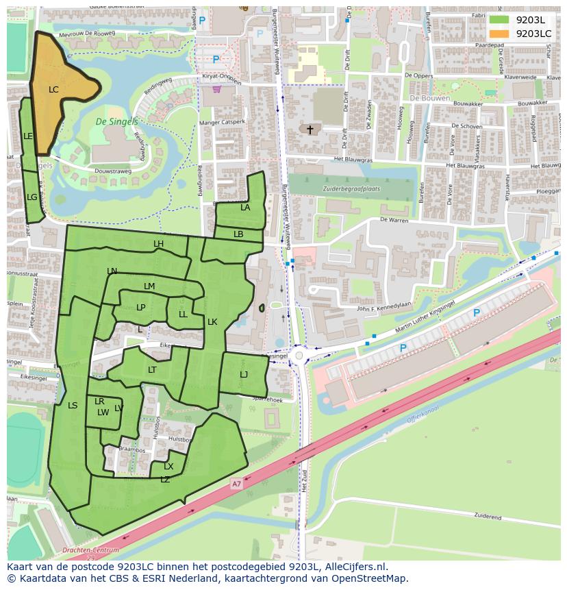 Afbeelding van het postcodegebied 9203 LC op de kaart.