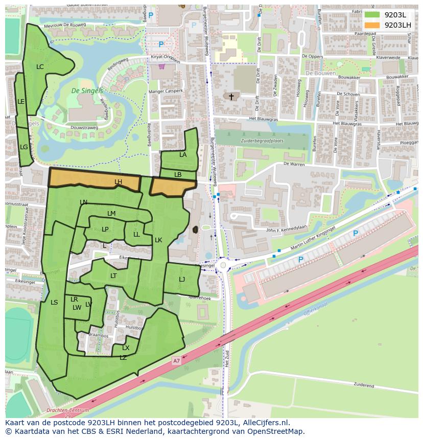 Afbeelding van het postcodegebied 9203 LH op de kaart.