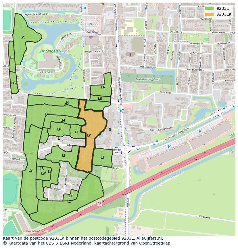 Afbeelding van het postcodegebied 9203 LK op de kaart.