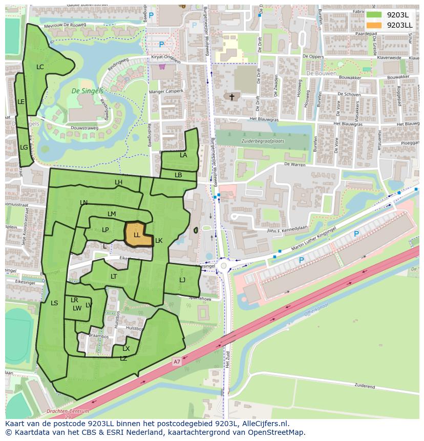 Afbeelding van het postcodegebied 9203 LL op de kaart.