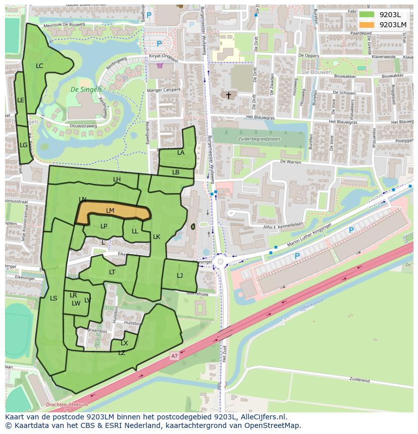 Afbeelding van het postcodegebied 9203 LM op de kaart.