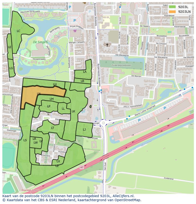 Afbeelding van het postcodegebied 9203 LN op de kaart.