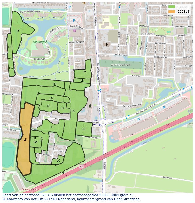 Afbeelding van het postcodegebied 9203 LS op de kaart.