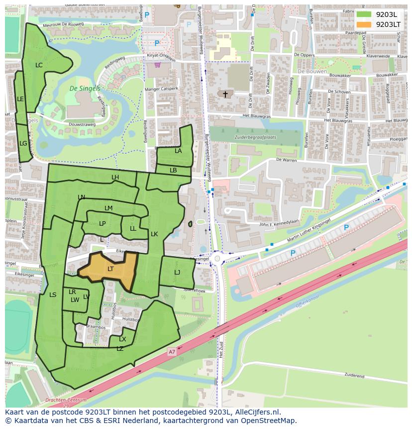 Afbeelding van het postcodegebied 9203 LT op de kaart.