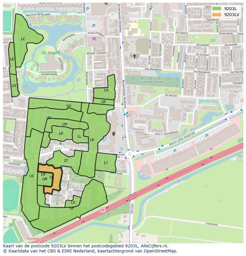 Afbeelding van het postcodegebied 9203 LV op de kaart.