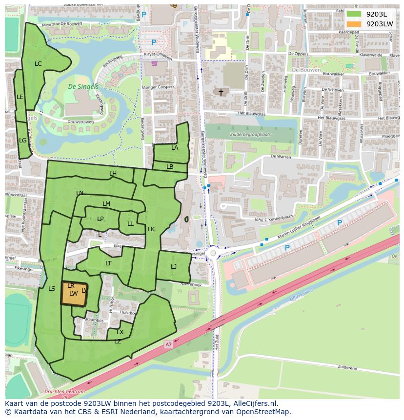 Afbeelding van het postcodegebied 9203 LW op de kaart.