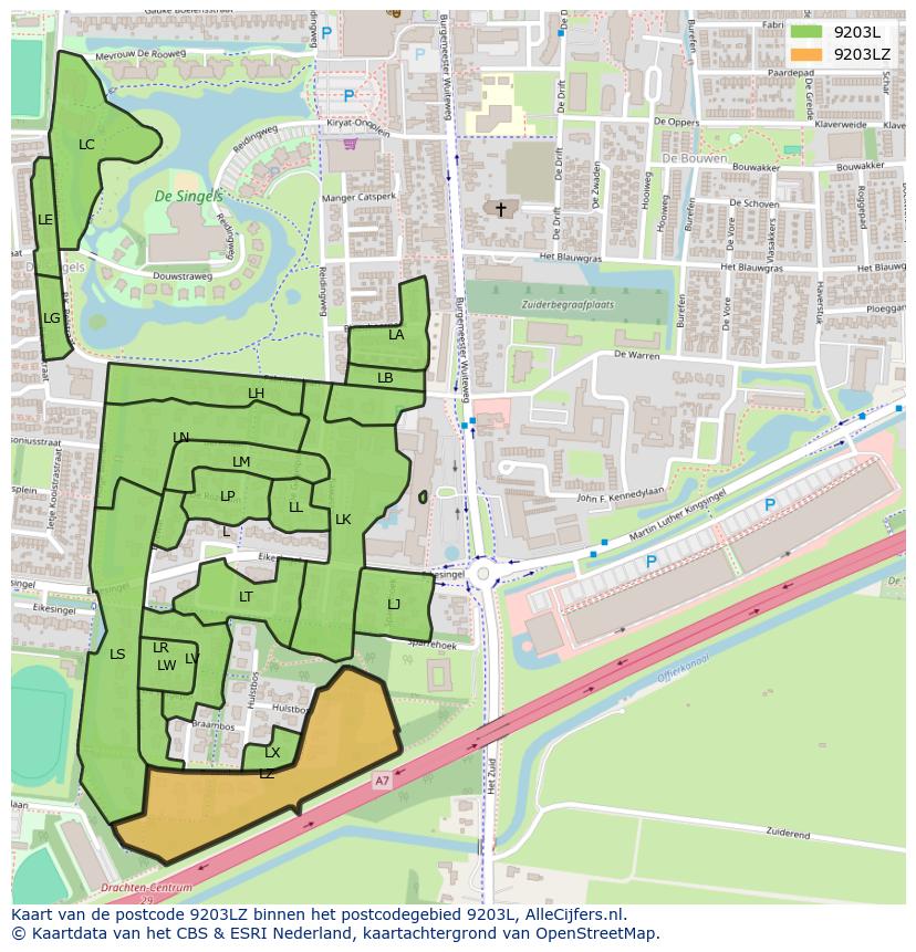 Afbeelding van het postcodegebied 9203 LZ op de kaart.