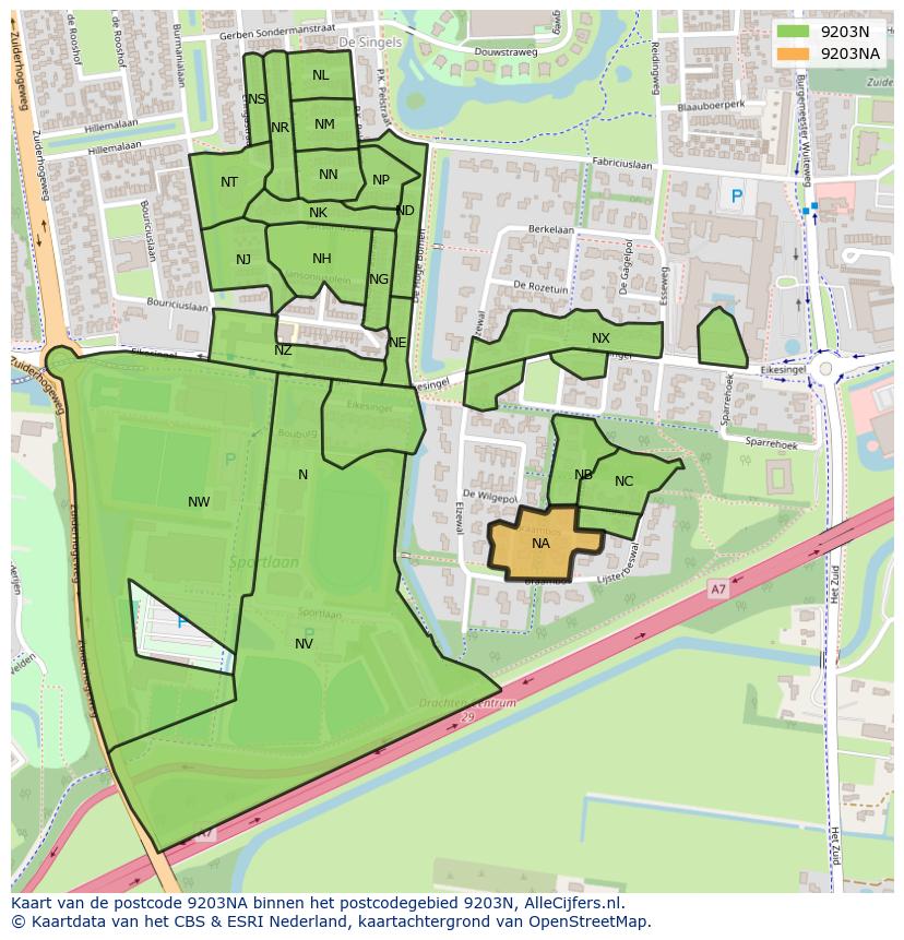 Afbeelding van het postcodegebied 9203 NA op de kaart.