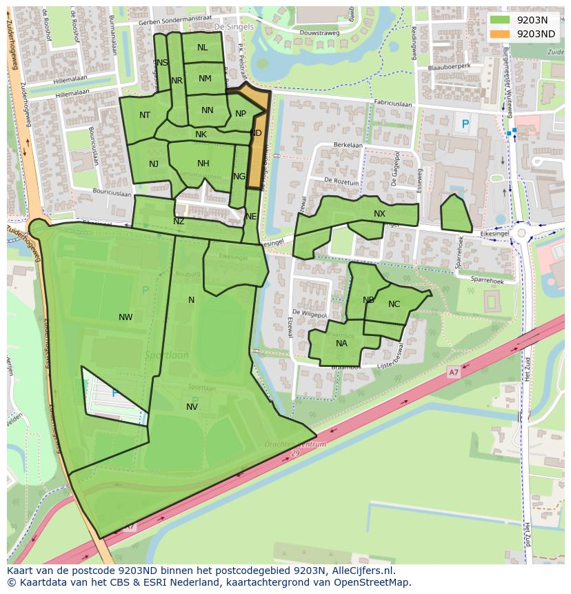 Afbeelding van het postcodegebied 9203 ND op de kaart.