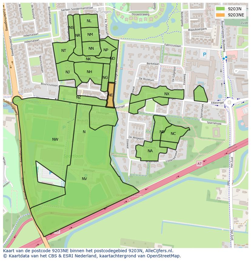 Afbeelding van het postcodegebied 9203 NE op de kaart.