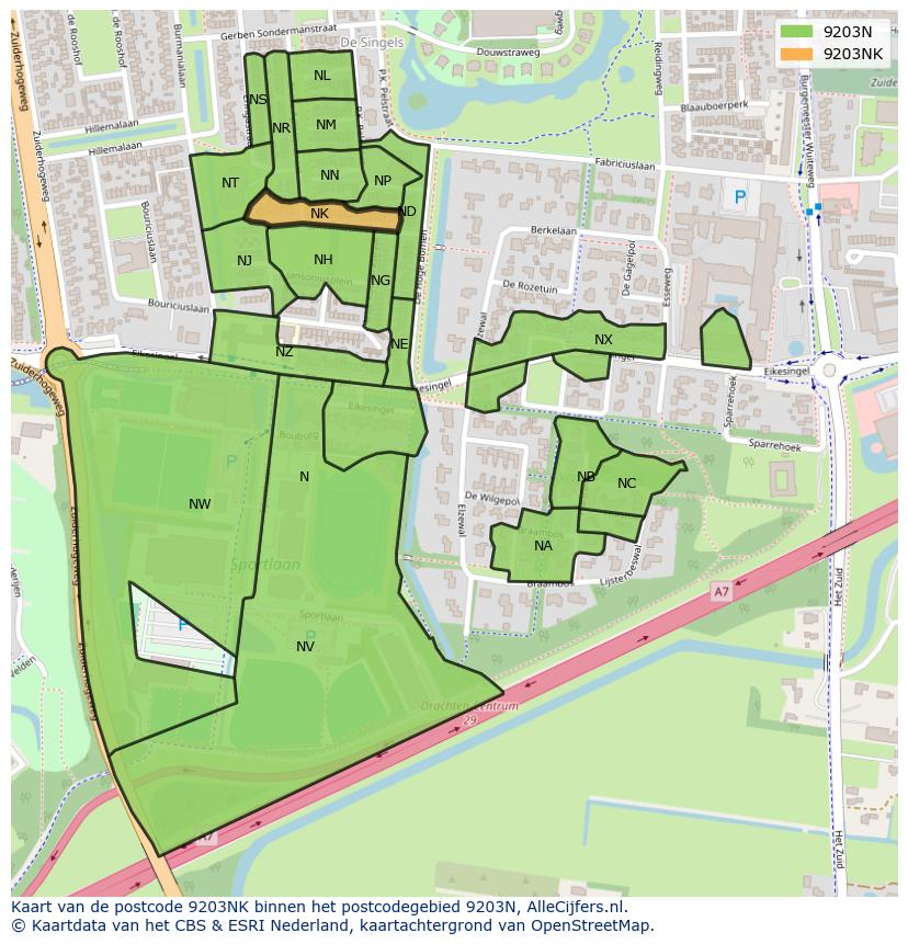 Afbeelding van het postcodegebied 9203 NK op de kaart.