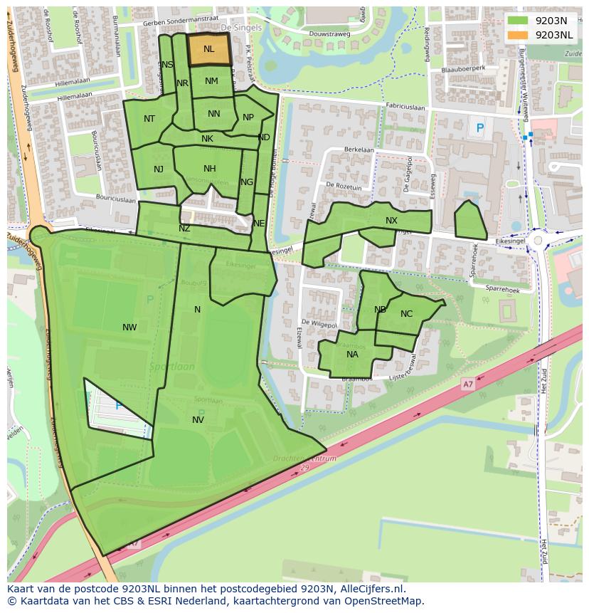 Afbeelding van het postcodegebied 9203 NL op de kaart.