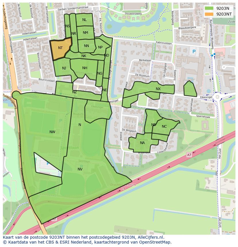 Afbeelding van het postcodegebied 9203 NT op de kaart.