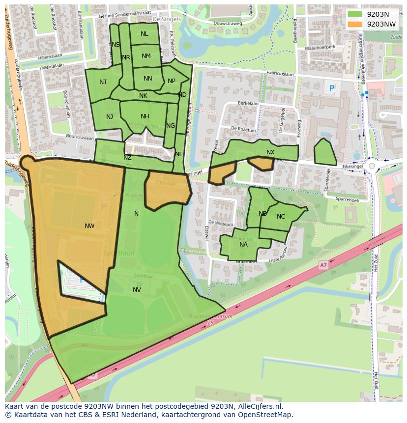 Afbeelding van het postcodegebied 9203 NW op de kaart.