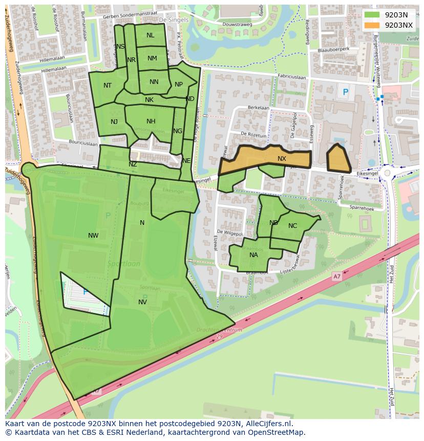 Afbeelding van het postcodegebied 9203 NX op de kaart.