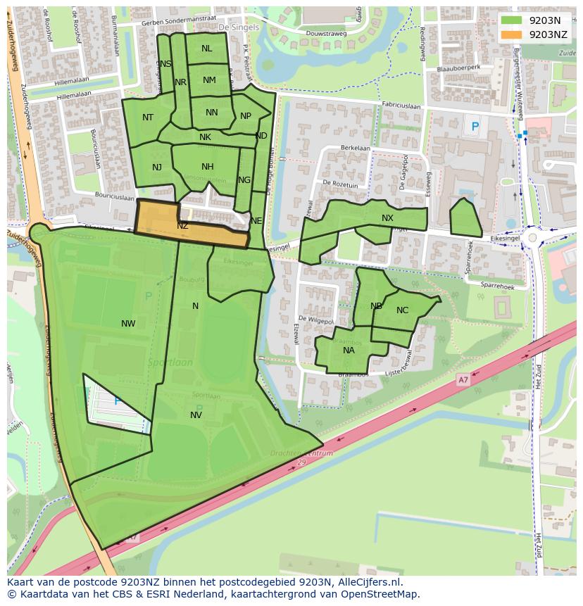 Afbeelding van het postcodegebied 9203 NZ op de kaart.