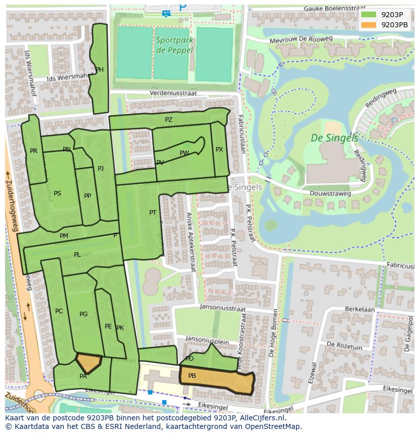 Afbeelding van het postcodegebied 9203 PB op de kaart.