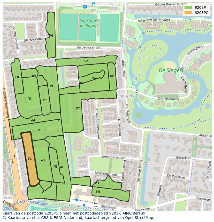 Afbeelding van het postcodegebied 9203 PC op de kaart.