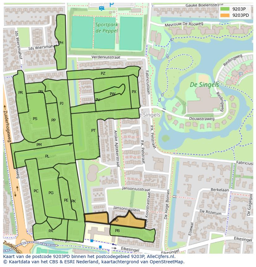Afbeelding van het postcodegebied 9203 PD op de kaart.