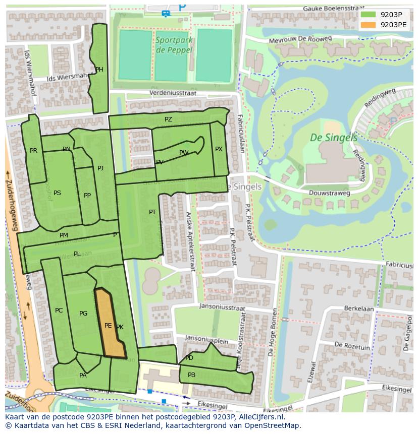 Afbeelding van het postcodegebied 9203 PE op de kaart.