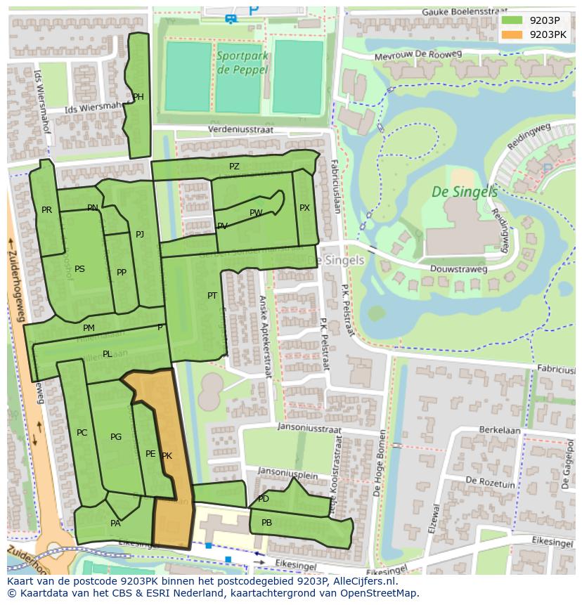 Afbeelding van het postcodegebied 9203 PK op de kaart.