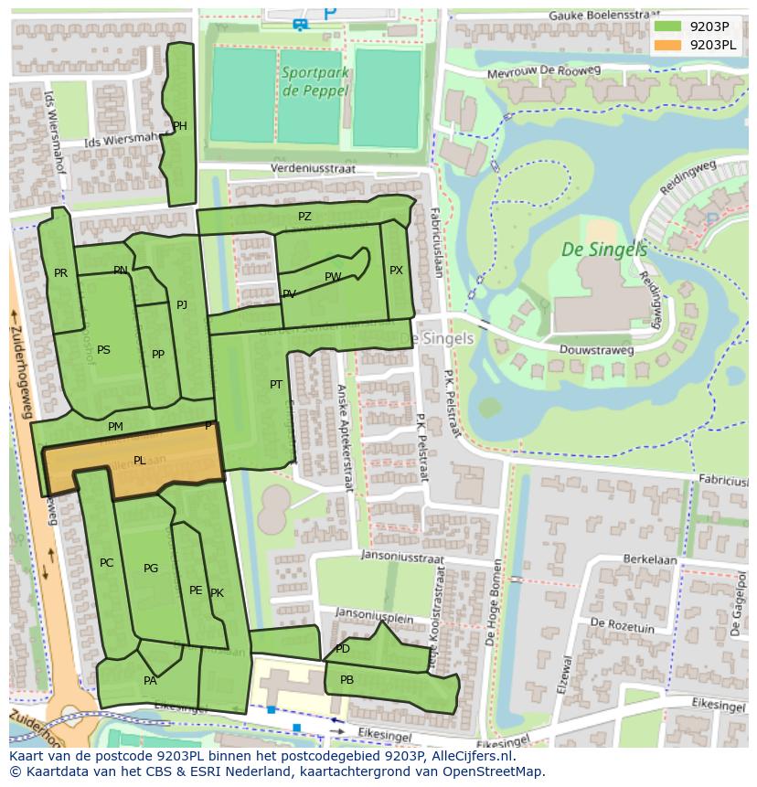 Afbeelding van het postcodegebied 9203 PL op de kaart.