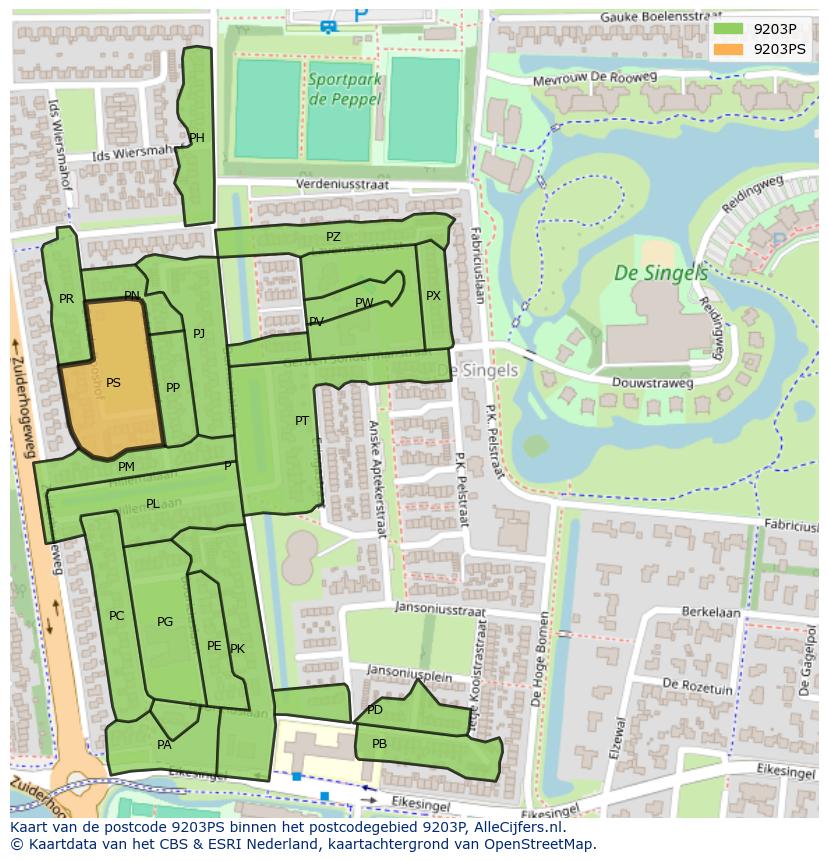 Afbeelding van het postcodegebied 9203 PS op de kaart.