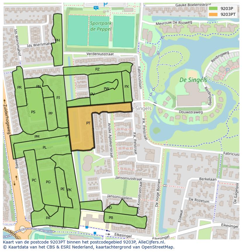 Afbeelding van het postcodegebied 9203 PT op de kaart.