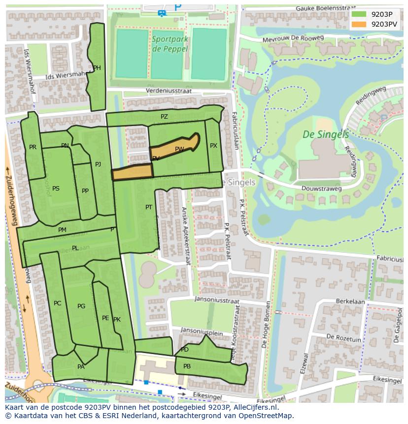 Afbeelding van het postcodegebied 9203 PV op de kaart.