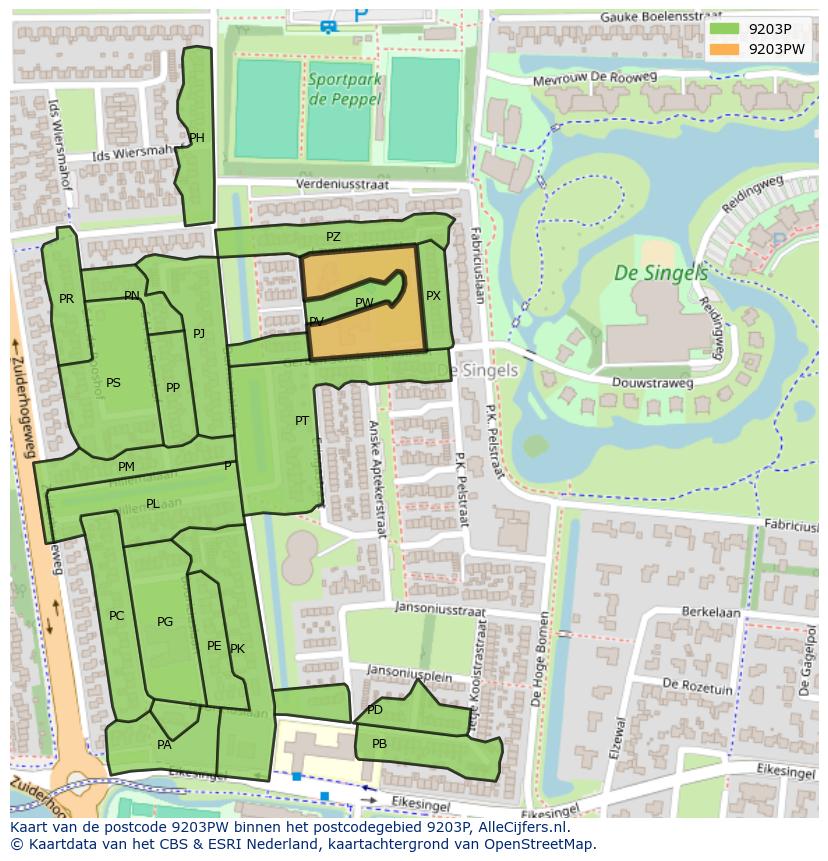 Afbeelding van het postcodegebied 9203 PW op de kaart.