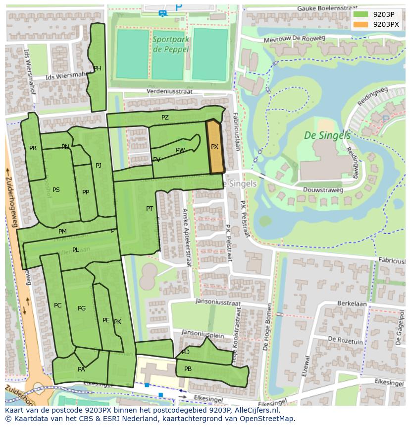 Afbeelding van het postcodegebied 9203 PX op de kaart.