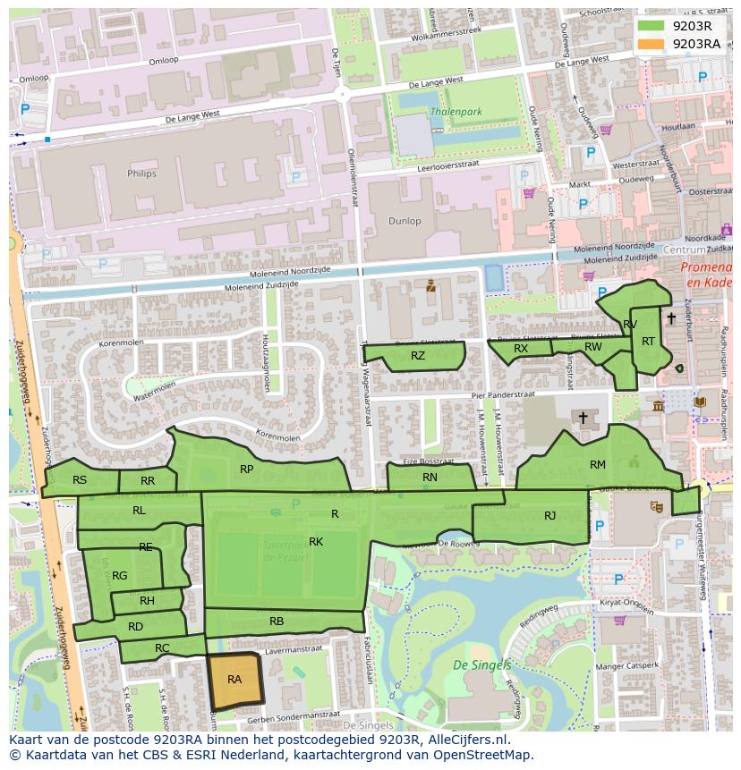 Afbeelding van het postcodegebied 9203 RA op de kaart.